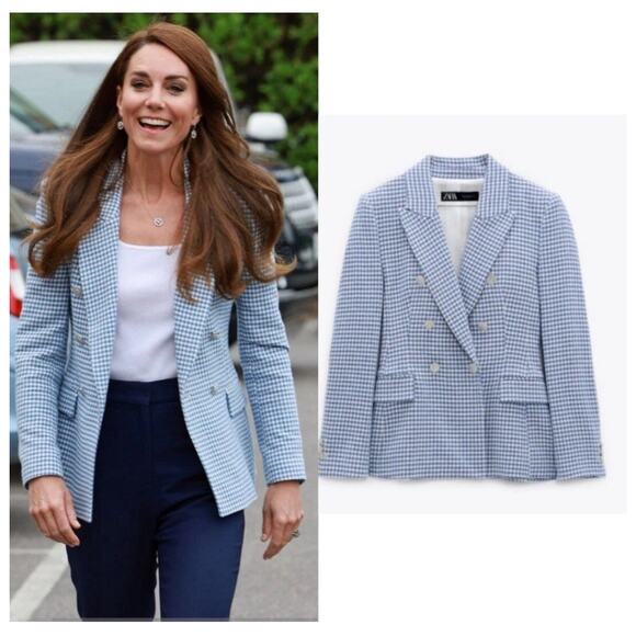 Zara Houndstooth Double-Breasted Blazer Jacket in Blue ASO Princess Kate Sz S - Picture 8 of 16